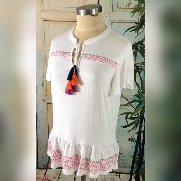 Neiman Marcus Embroidered Tassel Peplum Top - Picture 4 of 7